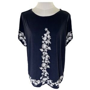 Jones New‎ York Signature Navy Blue Embroidered Tassel Top XL Boho Cotton